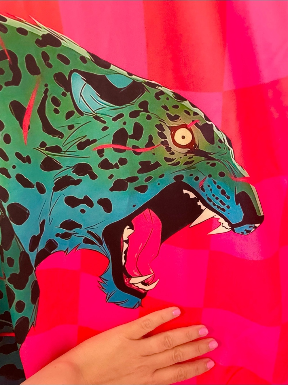Bright Pink And Orange Checkerboard Sweatshirt with Teal Leopard Graphic - Picture 2 of 4